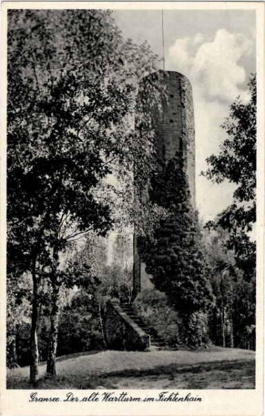 Historische Ruine eines Turms, umgeben von Bäumen und Grünanlagen.