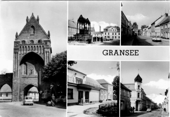 Historische Stadtansichten von Gransee, darunter ein Tor und malerische Straßen.