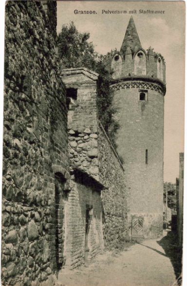 Alte Steinmauer mit einem runden Turm, umgeben von Bäumen.