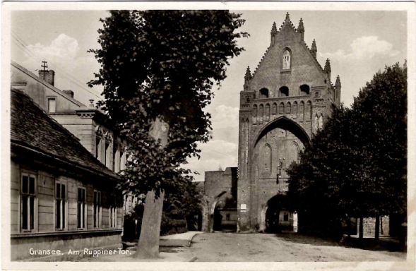 Historische Stadtansicht mit einem Tor und Bäumen entlang der Straße.